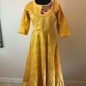 Indian Anarkali Dress – Mustard Yellow Embroidered Maxi – Size L – Made in India